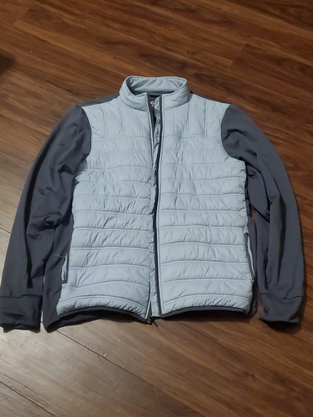 Women's Straight Down Two-Tone Light Gray Quilted Hybrid Puffer Jacket